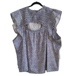 Old Navy Plus Size 4x Blue Yellow Floral Peephole Flutter Sleeve Top Blouse NEW